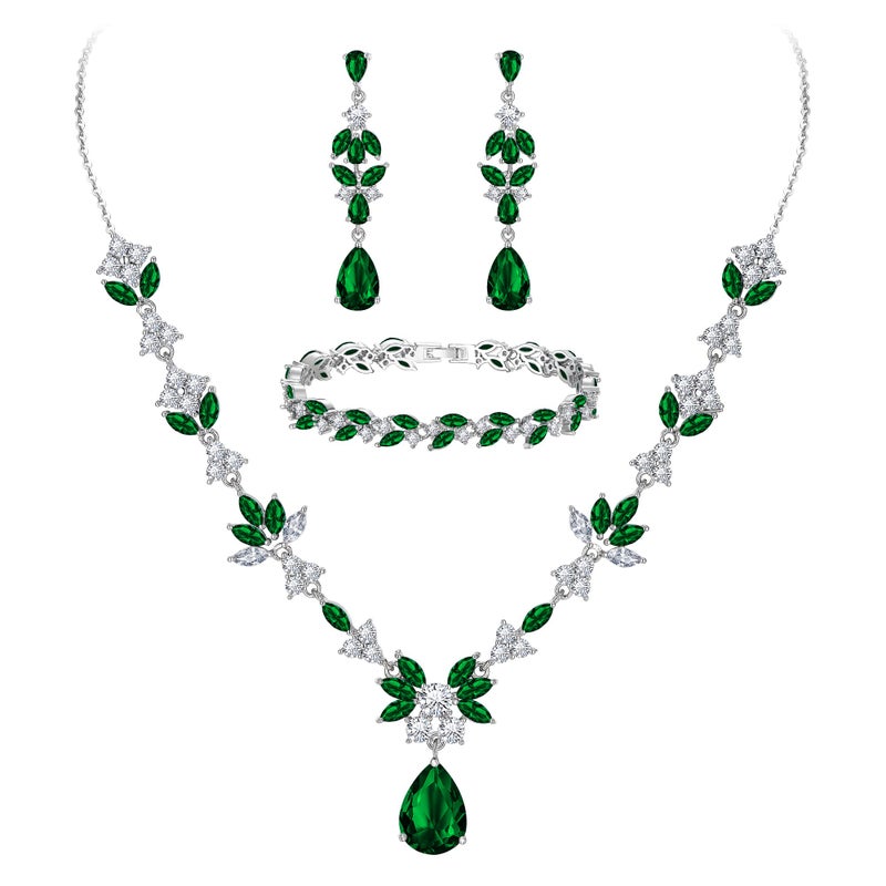 BriLove Wedding Jewelry Set for Women, Y-Necklace Tennis Bracelet Dangle Earrings with AAA Cubic Zirconia Teardrop for Bridal Bridesmaid Emerald Color - Image 1
