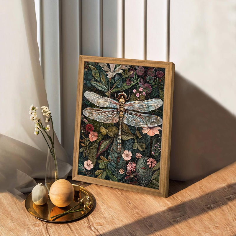 AKWISH Framed Vintage 3D Textured Wall Art - Dark Green Dragonfly Flowers Wall Decor - Hand Drawn Sandstone Nature Botanical Pictures for Living Room Bedroom Home Decor 8x10in - Image 4