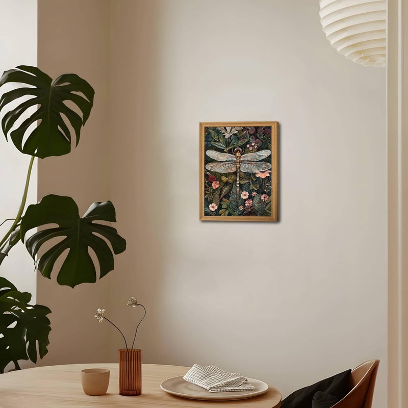 AKWISH Framed Vintage 3D Textured Wall Art - Dark Green Dragonfly Flowers Wall Decor - Hand Drawn Sandstone Nature Botanical Pictures for Living Room Bedroom Home Decor 8x10in - Image 2
