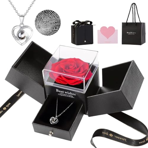 HASTHIP Women's Metal Rose Flower Gift Set - Eternal Rose Necklace with 'I Love U' Projection - Image 1