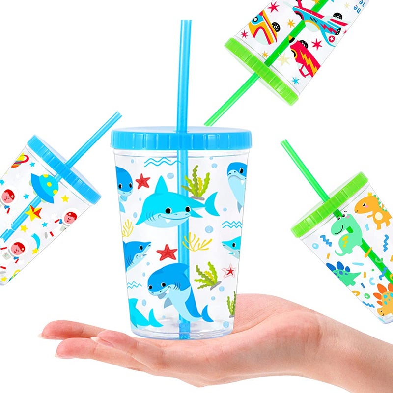 Home Tune 16oz Kids Tumbler Water Drinking Cup 4 Pack - BPA Free, Straw Lid Cup, Reusable, Lightweight, Spill-Proof Water Bottle with Cute Design for Girls & Boys - Shark, Car, Space, Dinosaur - Image 4