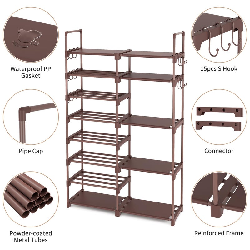 ROJASOP Shoe Rack Organizer, 8-Tier Metal Shoe Rack for Closet Entryway Garage, 26-32 Pairs Tall Shoe Boot Storage Shelf with 15 Hooks, Stackable Large Shoe Stand, Brown - Image 5