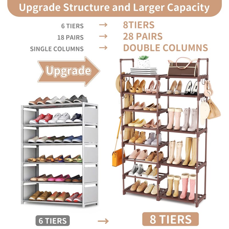 ROJASOP Shoe Rack Organizer, 8-Tier Metal Shoe Rack for Closet Entryway Garage, 26-32 Pairs Tall Shoe Boot Storage Shelf with 15 Hooks, Stackable Large Shoe Stand, Brown - Image 4