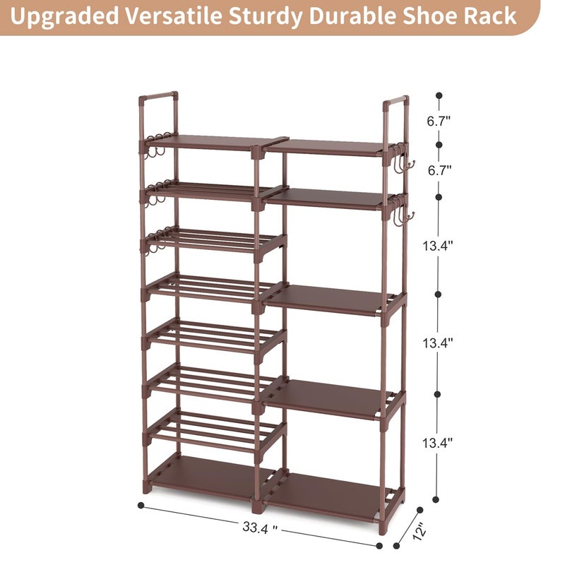 ROJASOP Shoe Rack Organizer, 8-Tier Metal Shoe Rack for Closet Entryway Garage, 26-32 Pairs Tall Shoe Boot Storage Shelf with 15 Hooks, Stackable Large Shoe Stand, Brown - Image 3