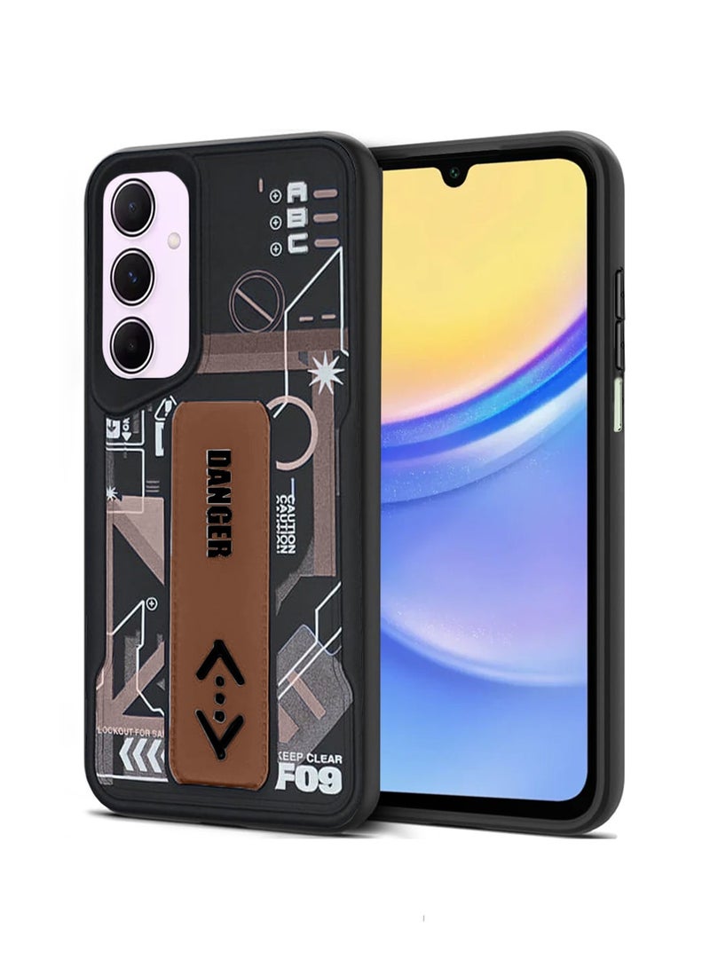Techie Aesthetic Fashion Silicone Back Case Cover with Magnetic Hand Grip & Kickstand for Samsung Galaxy A15 – Black/Brown - Image 1