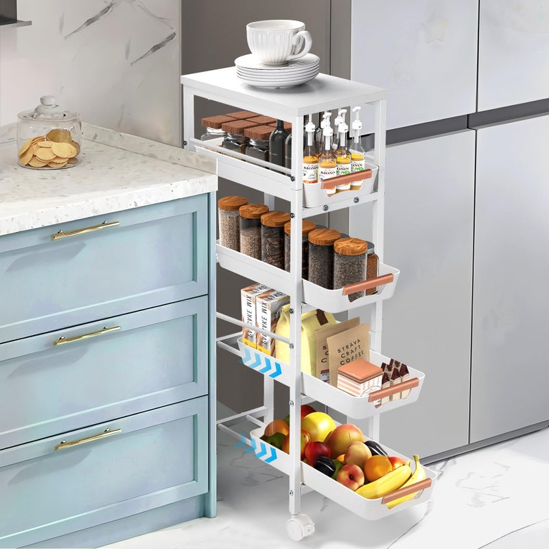Outink Slim Storage Cart, 5-Tier Narrow Rolling Kitchen Laundry Room Cart with Drawer and Wheels, Metal Utility Cart Slide Out Organizer for Small Spaces (White) - Image 1