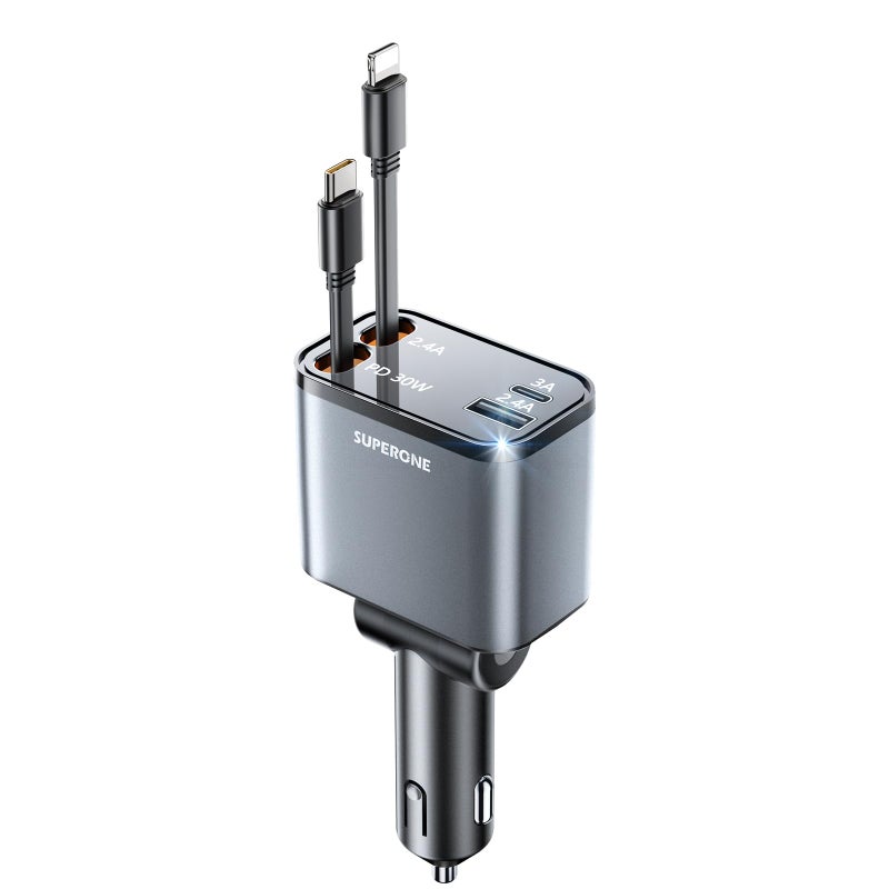 SUPERONE [2024 Upgraded] 4 in 1 Retractable Car Charger, SUPERONE Smaller Fast Car Phone Charger 69W with Cord, USB C and iPhone Car Charger Adapter, Compatible iPhone 17/17 Pro Max/16/15/14/13/12/11, Sumsung - Image 1
