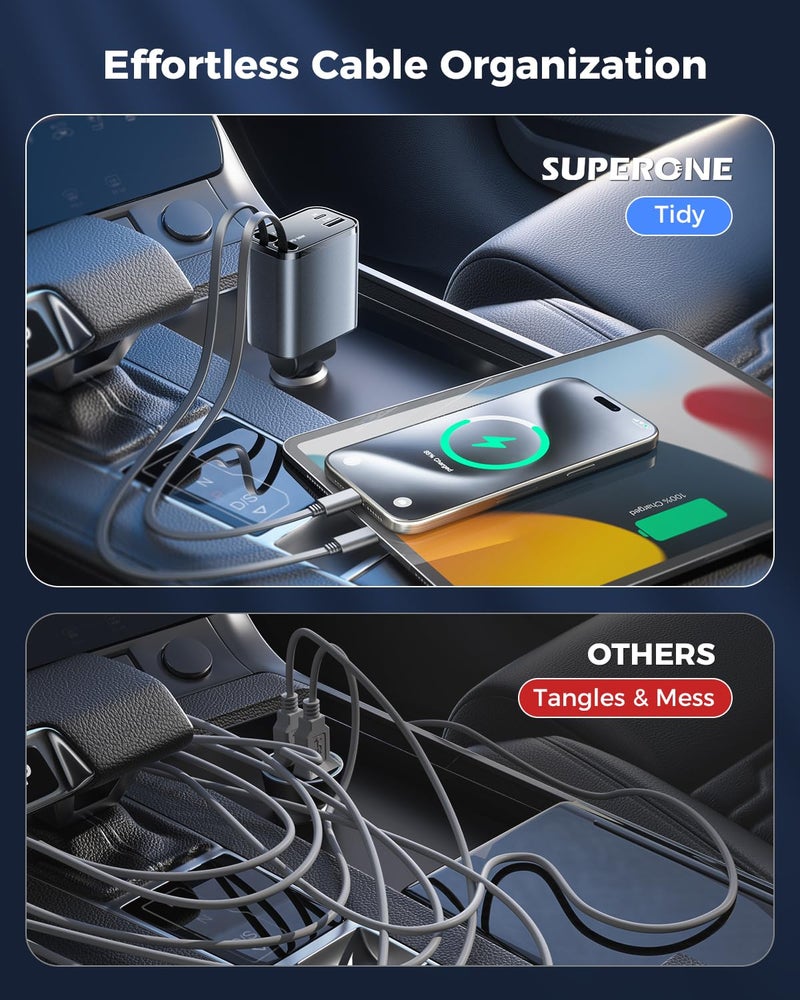 SUPERONE [2024 Upgraded] 4 in 1 Retractable Car Charger, SUPERONE Smaller Fast Car Phone Charger 69W with Cord, USB C and iPhone Car Charger Adapter, Compatible iPhone 17/17 Pro Max/16/15/14/13/12/11, Sumsung - Image 2