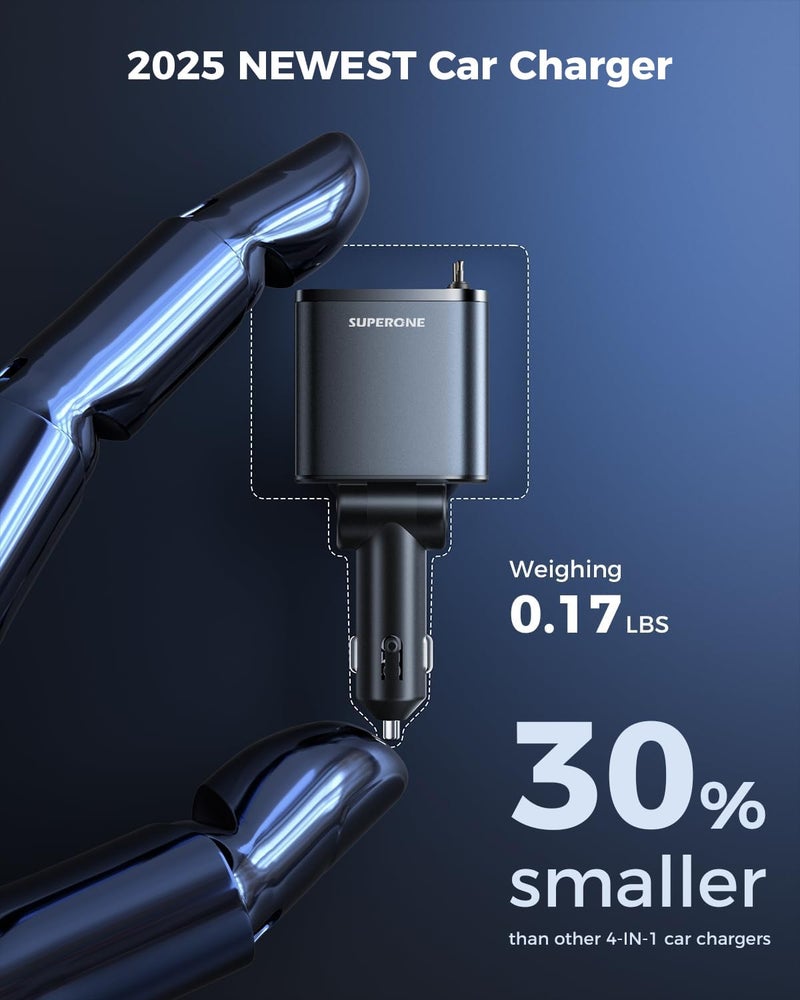SUPERONE [2024 Upgraded] 4 in 1 Retractable Car Charger, SUPERONE Smaller Fast Car Phone Charger 69W with Cord, USB C and iPhone Car Charger Adapter, Compatible iPhone 17/17 Pro Max/16/15/14/13/12/11, Sumsung - Image 4