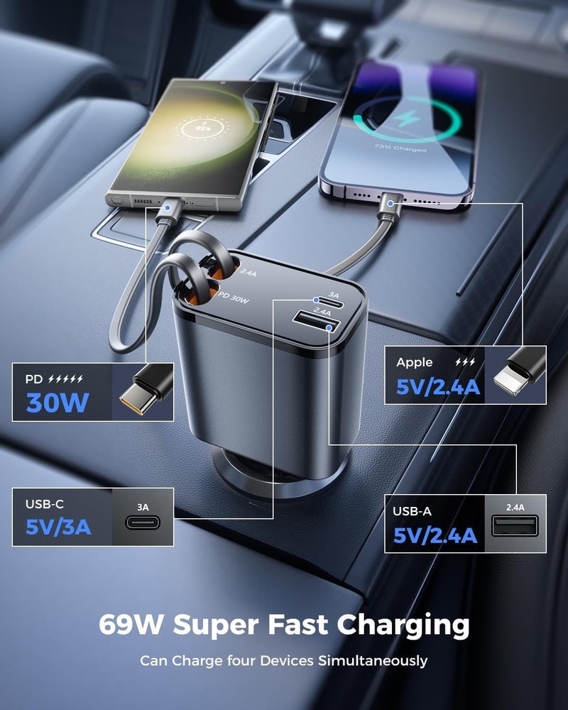 SUPERONE [2024 Upgraded] 4 in 1 Retractable Car Charger, SUPERONE Smaller Fast Car Phone Charger 69W with Cord, USB C and iPhone Car Charger Adapter, Compatible iPhone 17/17 Pro Max/16/15/14/13/12/11, Sumsung - Image 5