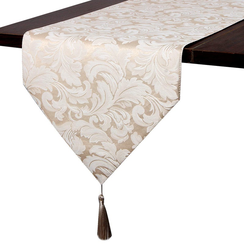 EHouseHome Jacquard Damask Reversible Beige Table Runners with Tassels 13 x 72 inch Wrinkle and Water Resistant SpillProof Decorative Dining and Wedding Runners