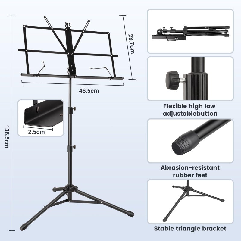 New Bee Music Stand New bee Foldable & Portable Metal Sheet Music Stand with Carrying Bag, Adjustable Podium Stand with Tripod Base and Sheet Music Folder - Black - Image 3