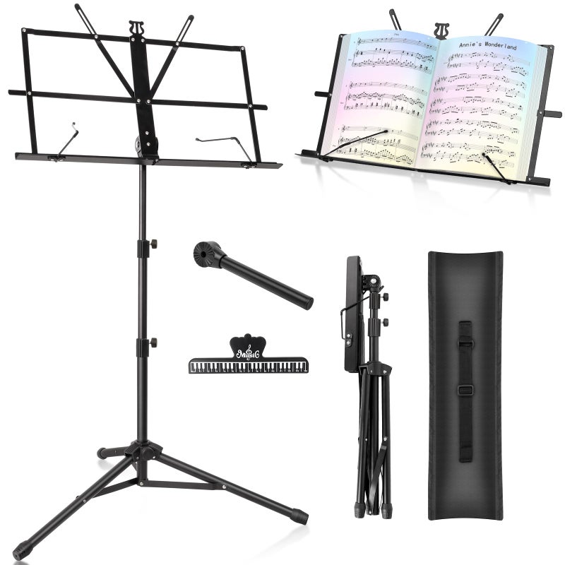 New Bee Music Stand New bee Foldable & Portable Metal Sheet Music Stand with Carrying Bag, Adjustable Podium Stand with Tripod Base and Sheet Music Folder - Black - Image 1