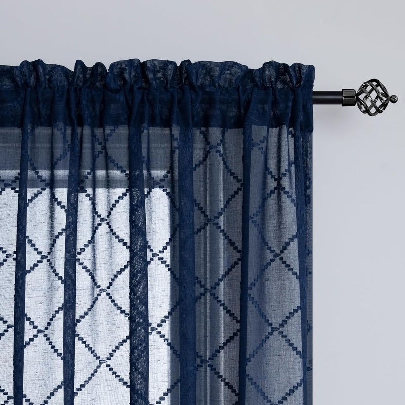 KOUFALL Window Curtains Living Room 84 Inches Long 2 Panel Set Blue Pattern Design Embroidered Sheer Drapes for Bedroom 84 Inch Length Navy