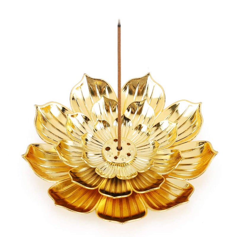 Accmor Zinc Alloy Incense Holder, Lotus Stick Incense Burner, Incense Holder for Stick/Coil/Cone Incense with Ash Catcher, Gold - Image 1