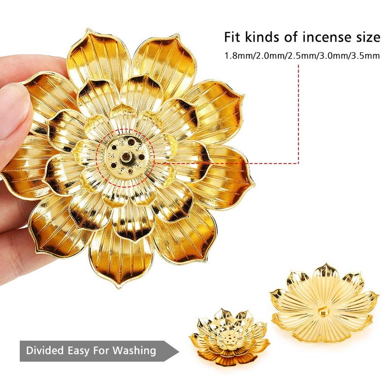 Accmor Zinc Alloy Incense Holder, Lotus Stick Incense Burner, Incense Holder for Stick/Coil/Cone Incense with Ash Catcher, Gold - Image 3