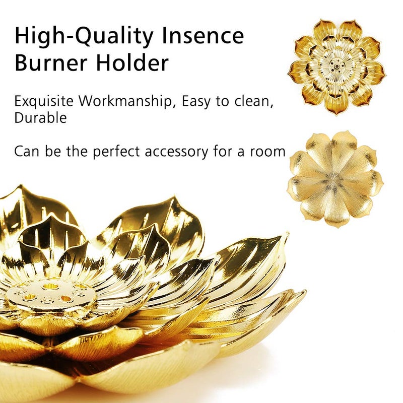 Accmor Zinc Alloy Incense Holder, Lotus Stick Incense Burner, Incense Holder for Stick/Coil/Cone Incense with Ash Catcher, Gold - Image 4