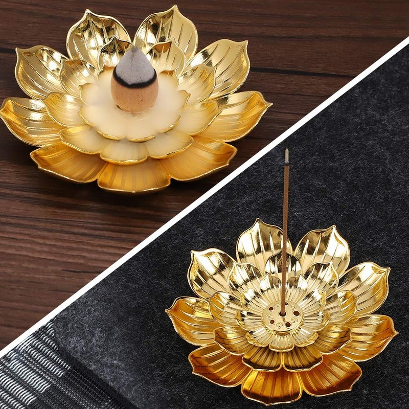 Accmor Zinc Alloy Incense Holder, Lotus Stick Incense Burner, Incense Holder for Stick/Coil/Cone Incense with Ash Catcher, Gold - Image 2