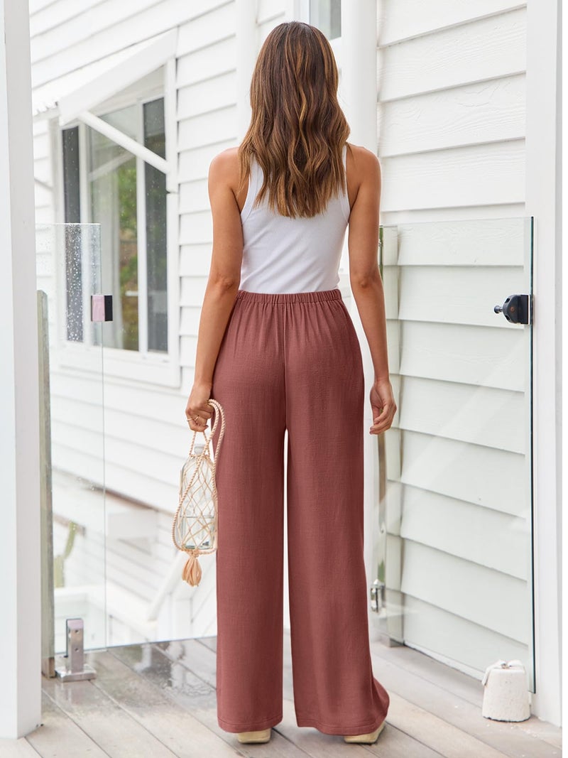 LILLUSORY Linen Wide Leg Pants Womens Palazzo Flowy Beach Vacation 2025 Summer Spring Fashion Outfits Clothes Clothing Trendy Skirt Cruise High Waisted Bohemian Travel Trousers with Pockets Brick Red - Image 4