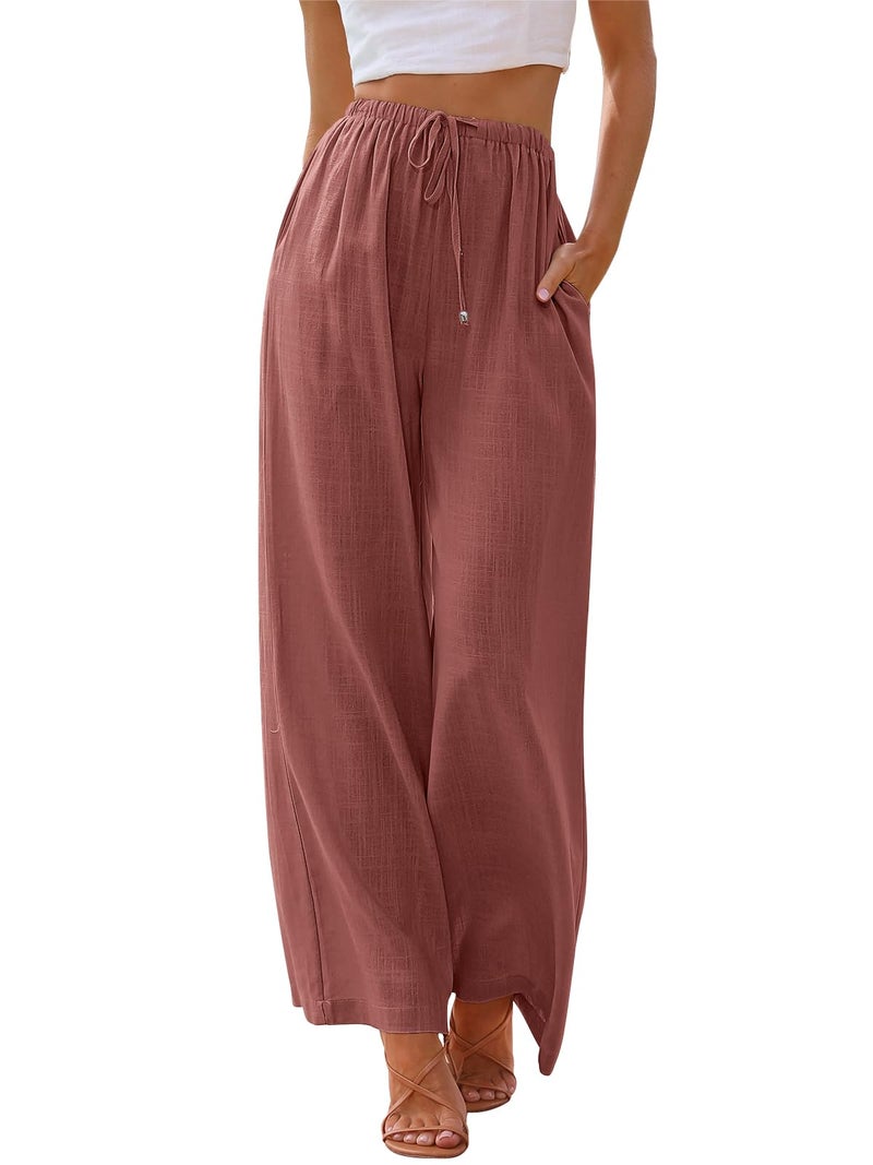 LILLUSORY Linen Wide Leg Pants Womens Palazzo Flowy Beach Vacation 2025 Summer Spring Fashion Outfits Clothes Clothing Trendy Skirt Cruise High Waisted Bohemian Travel Trousers with Pockets Brick Red - Image 1