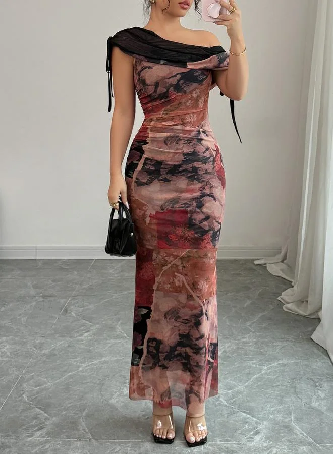 تايك تو Floral Mesh Overlay Ruched Bodycon Maxi Dress