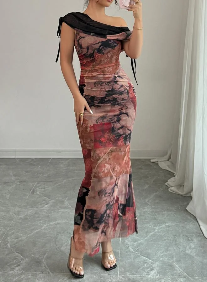 تايك تو Floral Mesh Overlay Ruched Bodycon Maxi Dress