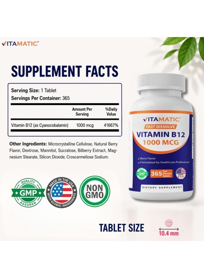 Vitamatic Vitamin B12 1000 mcg, 365 Fast Dissolve Tablets, Made in USA - Image 4