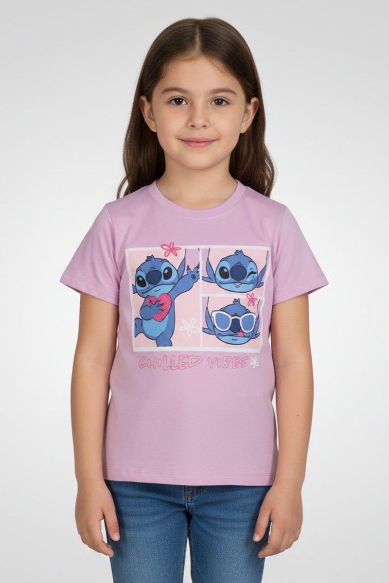 Disney Lilo And Stitch Toddlers Girl Short Sleeve Graphic Print Top, Light Purple - Image 1