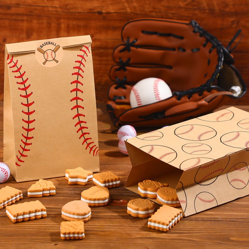 Nezyo 24 Pcs Baseball Gift Bags Team Party Favor Baseball Sport Candy Treat Goodie Snack Bags with Stickers for Kids Birthday Party Favor Decor Supplies(Brown) - Image 2