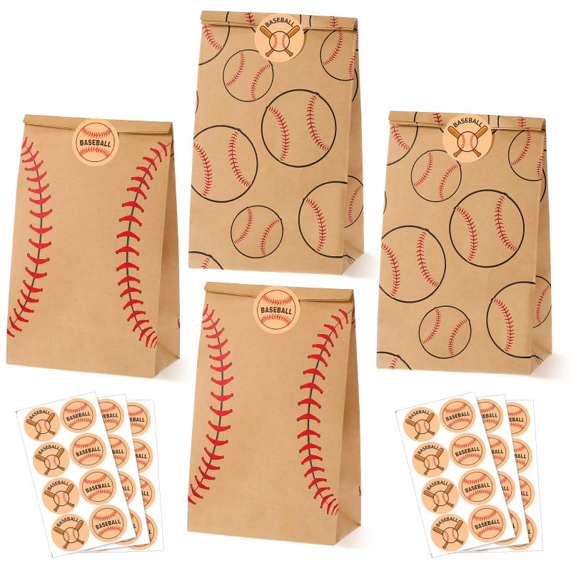 Nezyo 24 Pcs Baseball Gift Bags Team Party Favor Baseball Sport Candy Treat Goodie Snack Bags with Stickers for Kids Birthday Party Favor Decor Supplies(Brown) - Image 1