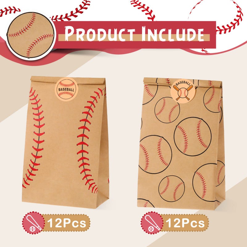 Nezyo 24 Pcs Baseball Gift Bags Team Party Favor Baseball Sport Candy Treat Goodie Snack Bags with Stickers for Kids Birthday Party Favor Decor Supplies(Brown) - Image 4