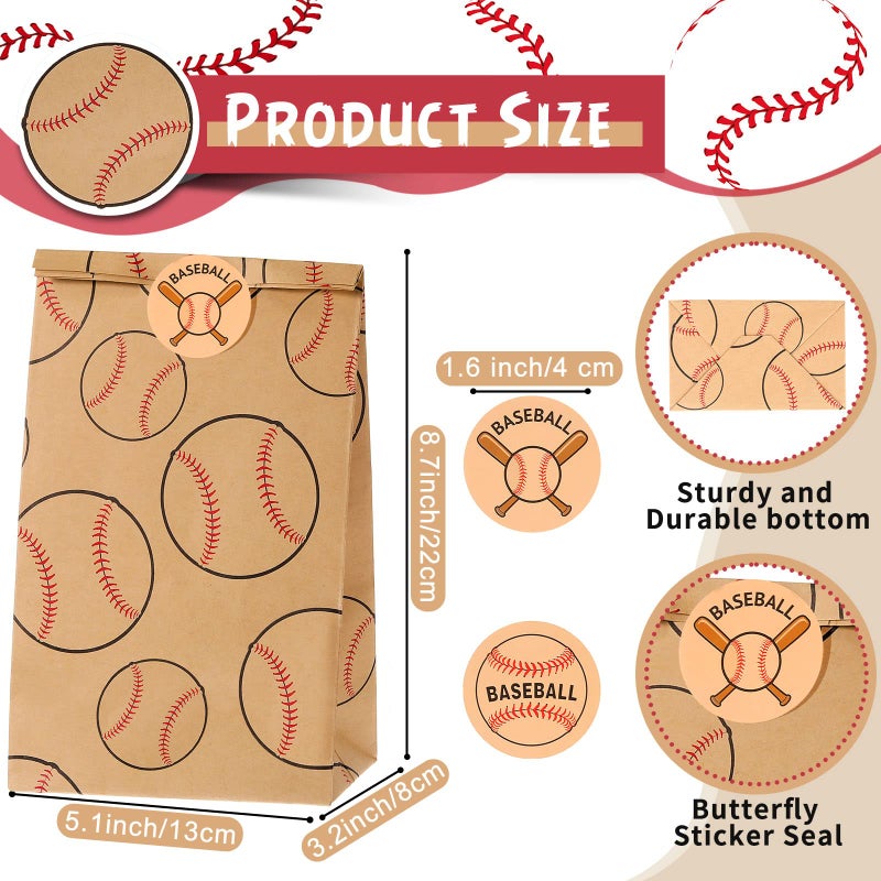 Nezyo 24 Pcs Baseball Gift Bags Team Party Favor Baseball Sport Candy Treat Goodie Snack Bags with Stickers for Kids Birthday Party Favor Decor Supplies(Brown) - Image 3