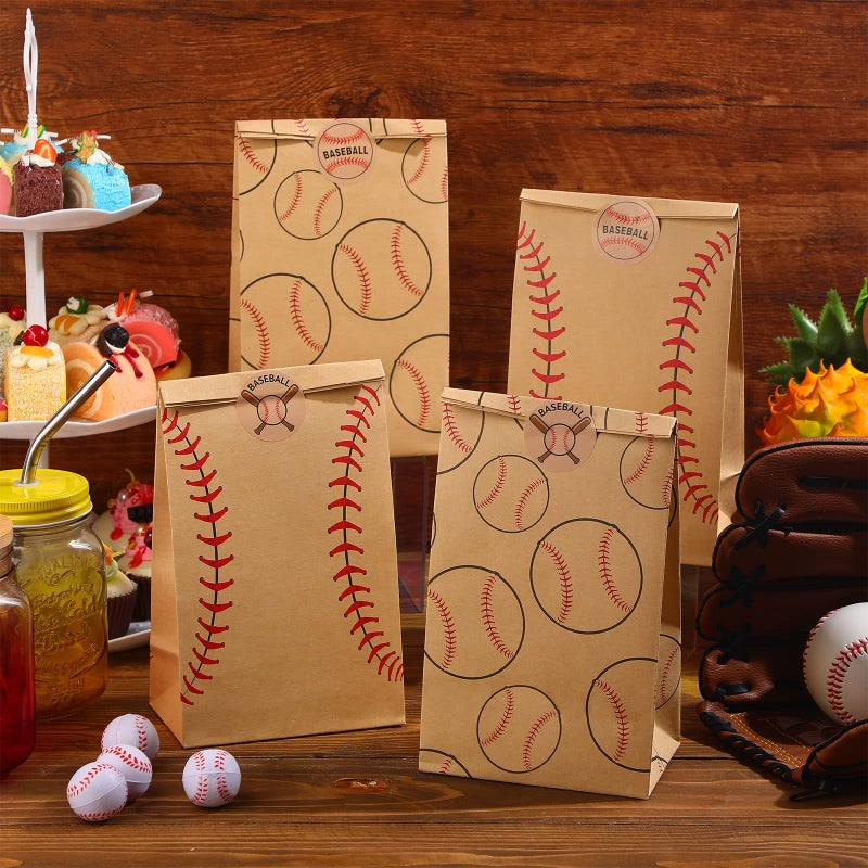 Nezyo 24 Pcs Baseball Gift Bags Team Party Favor Baseball Sport Candy Treat Goodie Snack Bags with Stickers for Kids Birthday Party Favor Decor Supplies(Brown) - Image 5