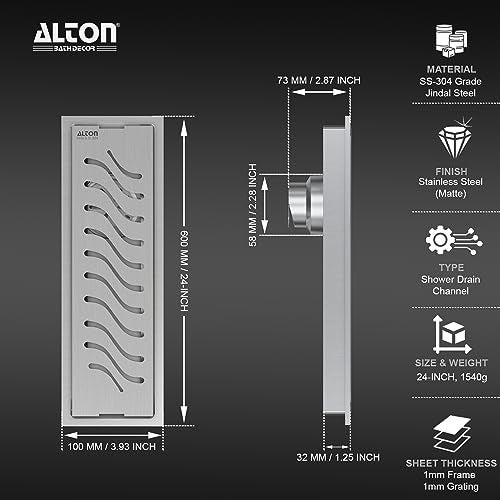 ALTON ALD1016, SS-304 Grade, 24-INCH, Bathroom Shower Channel Floor Drain with Cockroach Trap, Matte - Image 2