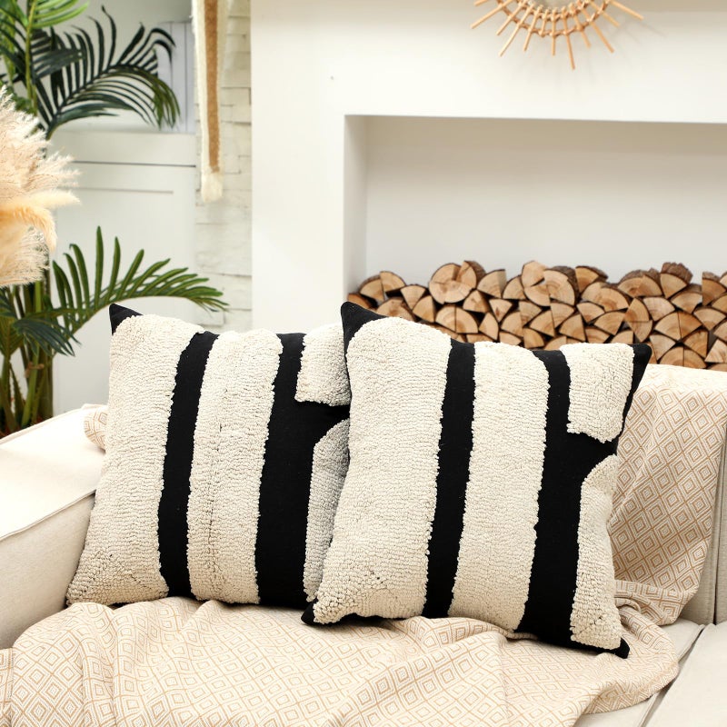 Oudain 2 Pcs Black and White Tufted Pillow Covers Boho Chunky Geometric Decorative Throw Pillow Case 18 x 18 Inches Abstract Pillowcases for Bed Couch(Black and White, Elegant Style) - Image 1