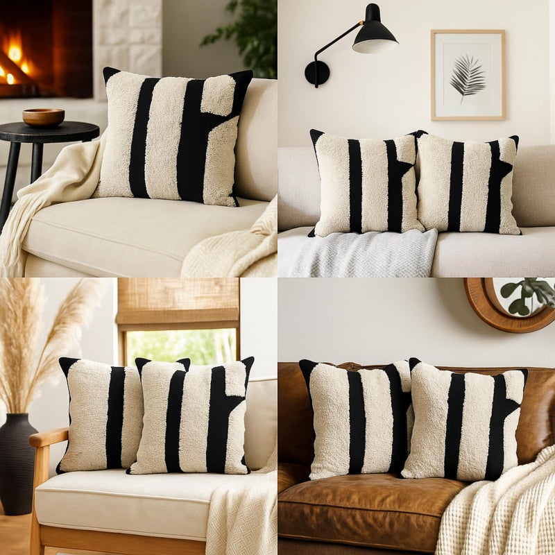 Oudain 2 Pcs Black and White Tufted Pillow Covers Boho Chunky Geometric Decorative Throw Pillow Case 18 x 18 Inches Abstract Pillowcases for Bed Couch(Black and White, Elegant Style) - Image 3