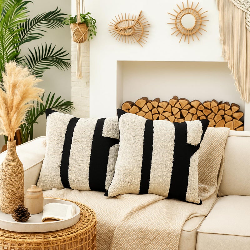 Oudain 2 Pcs Black and White Tufted Pillow Covers Boho Chunky Geometric Decorative Throw Pillow Case 18 x 18 Inches Abstract Pillowcases for Bed Couch(Black and White, Elegant Style) - Image 4