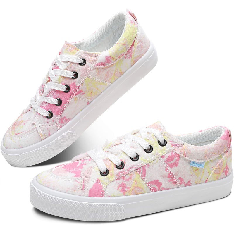Obtaom Women's White Play Fashion Sneakers Cute Canvas Sneakers Low Top Washed Canvas Shoes for Lady Comfortable Walking Flats(Multi White Pink,US5) - Image 1