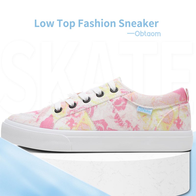 Obtaom Women's White Play Fashion Sneakers Cute Canvas Sneakers Low Top Washed Canvas Shoes for Lady Comfortable Walking Flats(Multi White Pink,US5) - Image 2