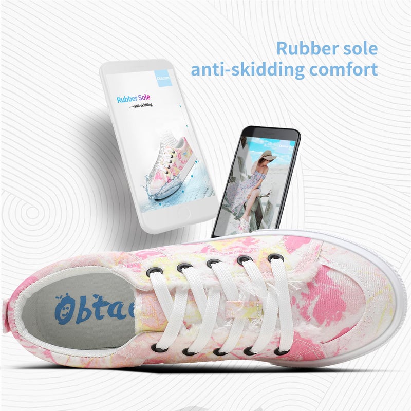 Obtaom Women's White Play Fashion Sneakers Cute Canvas Sneakers Low Top Washed Canvas Shoes for Lady Comfortable Walking Flats(Multi White Pink,US5) - Image 4