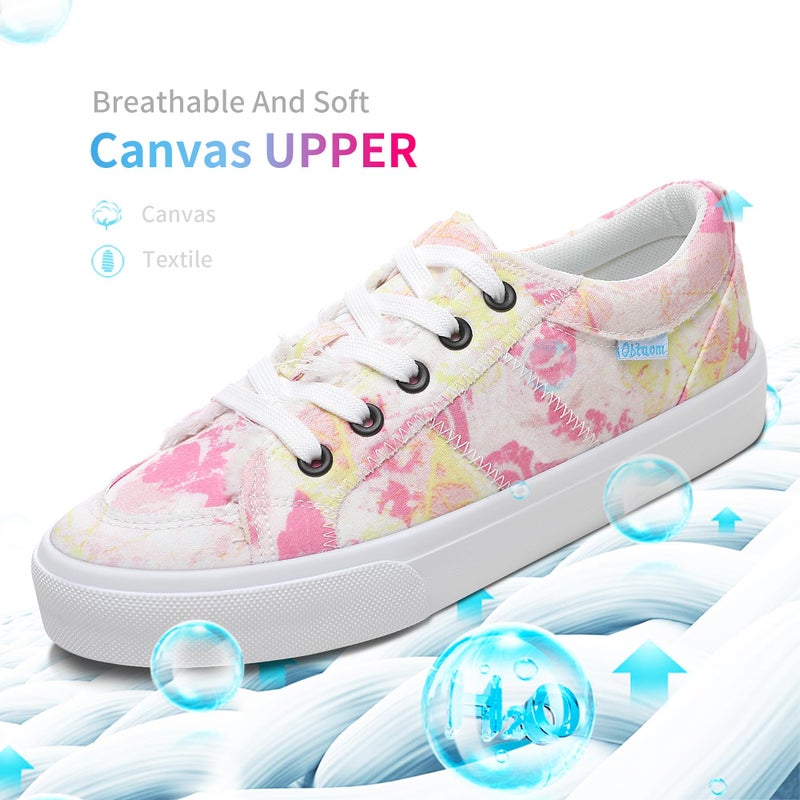 Obtaom Women's White Play Fashion Sneakers Cute Canvas Sneakers Low Top Washed Canvas Shoes for Lady Comfortable Walking Flats(Multi White Pink,US5) - Image 3