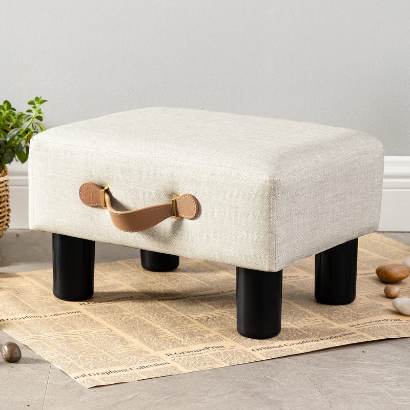 LUE BONA LUE BONA Small Foot Stool with Handle Beige PU Leather Short Foot Stool Rest Rectangle Storage Ottoman with Plastic Legs Padded Small Step Stool for Living Room Office Desk Patio 