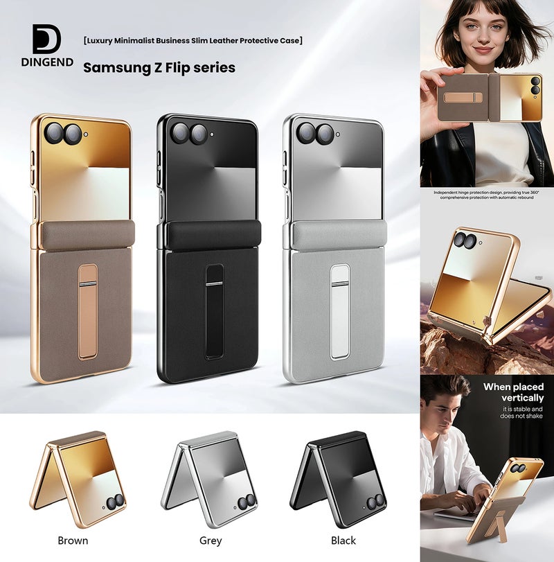 Hard PC Base Leather Mobile Phone Protective Case For Samsung Series Z Flip7/Z Flip6, Full Hinge Protection (Silvery) - Image 2