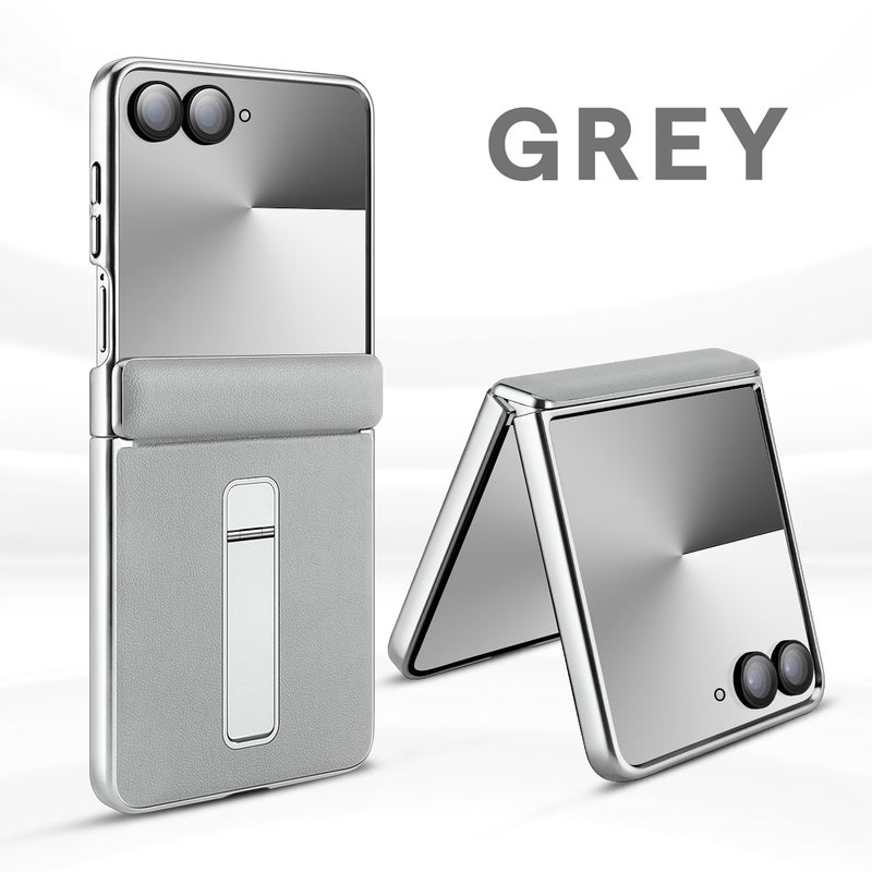 Hard PC Base Leather Mobile Phone Protective Case For Samsung Series Z Flip7/Z Flip6, Full Hinge Protection (Silvery) - Image 1