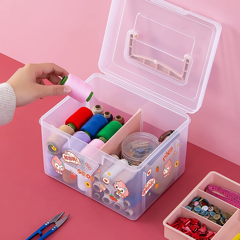 FOREVERIE Small Portable Plastic Storage Box for Beauty Ornaments Hair Nail Accessories, Cosmetic Case with Handle & Removable Tray & a Divider, Sewing Box Organizer, Kids Art Box (Clear & Pink) - Image 4