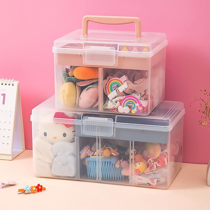 FOREVERIE Small Portable Plastic Storage Box for Beauty Ornaments Hair Nail Accessories, Cosmetic Case with Handle & Removable Tray & a Divider, Sewing Box Organizer, Kids Art Box (Clear & Pink) - Image 2