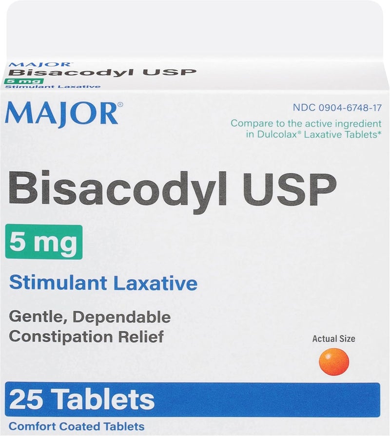 MAJOR Bisacodyl USP 5mg  Stimulant Laxatives for Constipation  Gentle Constipation Relief  25 Comfort Coated Tablets - Image 1
