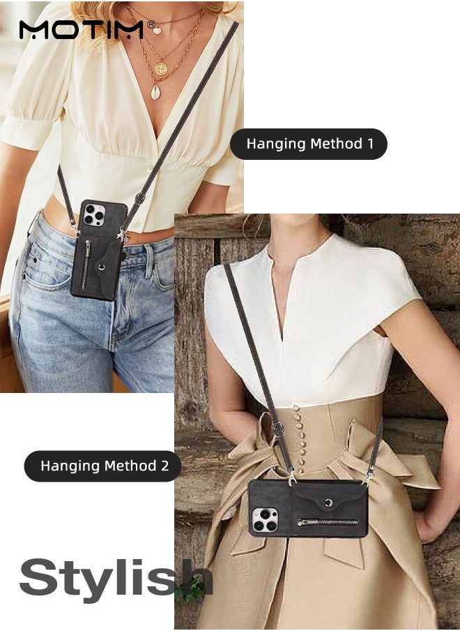 Motim iPhone 15 Pro Max Crossbody Case with Lanyard Strap, iPhone Leather Case Cover with Wrist Band/ Kickstand /Credit Card Holder, Protective Wallet Leather Handbag, Purse Cover Phone Case for Women Girl  - Image 2