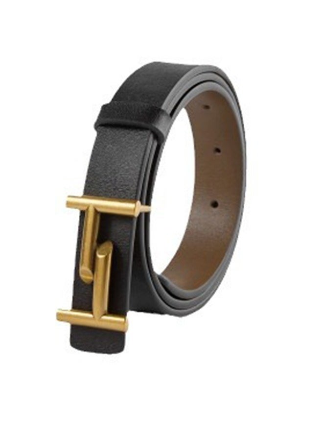 Generic Women's Double-Sided Genuine Leather Belt - Reversible Black/Khaki Casual All-Match Jeans Belt (105cm) Leather Belt Women  - Image 1