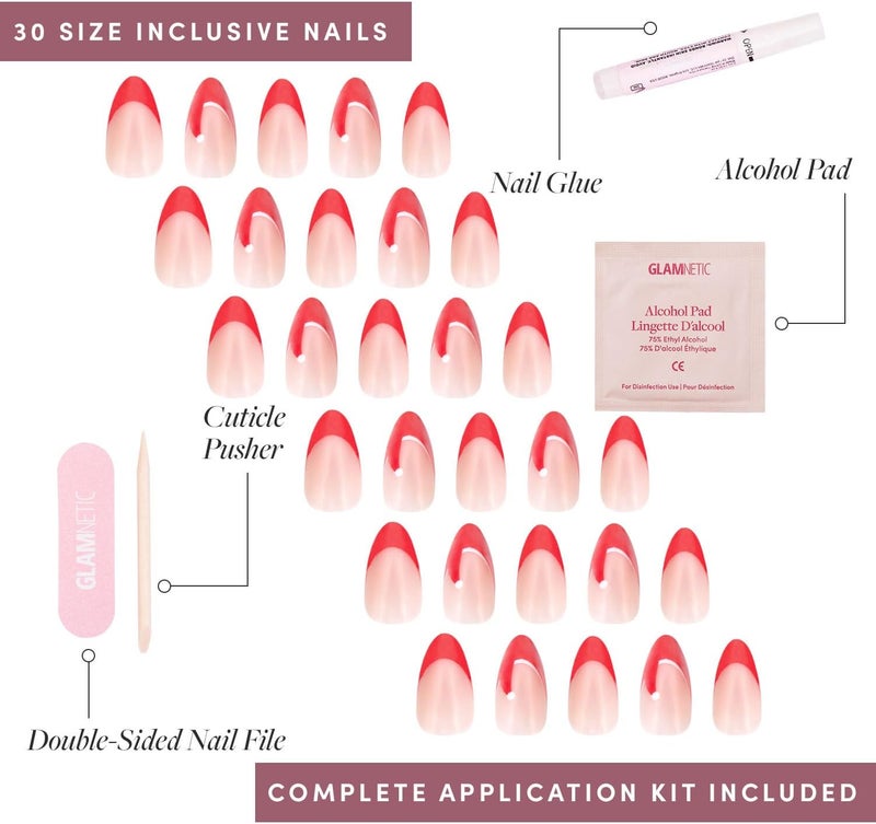 Glamnetic Instant order available stock Press On Nails - Mrs. Claus | Semi-Transparent Red French Tip Santa Hat Short Almond Fake Nails in a Glazed Finish, Salon Quality | 15 Sizes - 30 Nail Kit Multi stock guarantee supply - Image 4